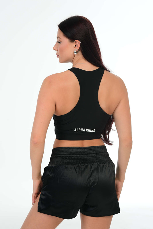 Black Sports Top with Built-in Bra & White Signature Detail