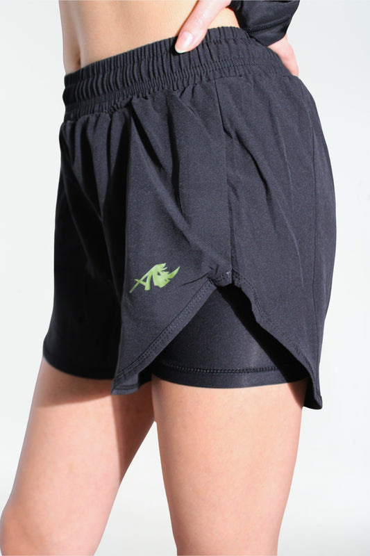 2-in-1 Women’s Sports Short – Black with Green Signature