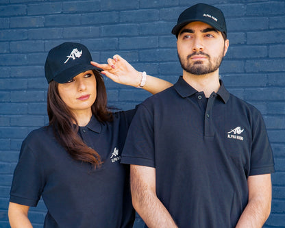 Black 6-Panel Embroidered Cap with Grey Text