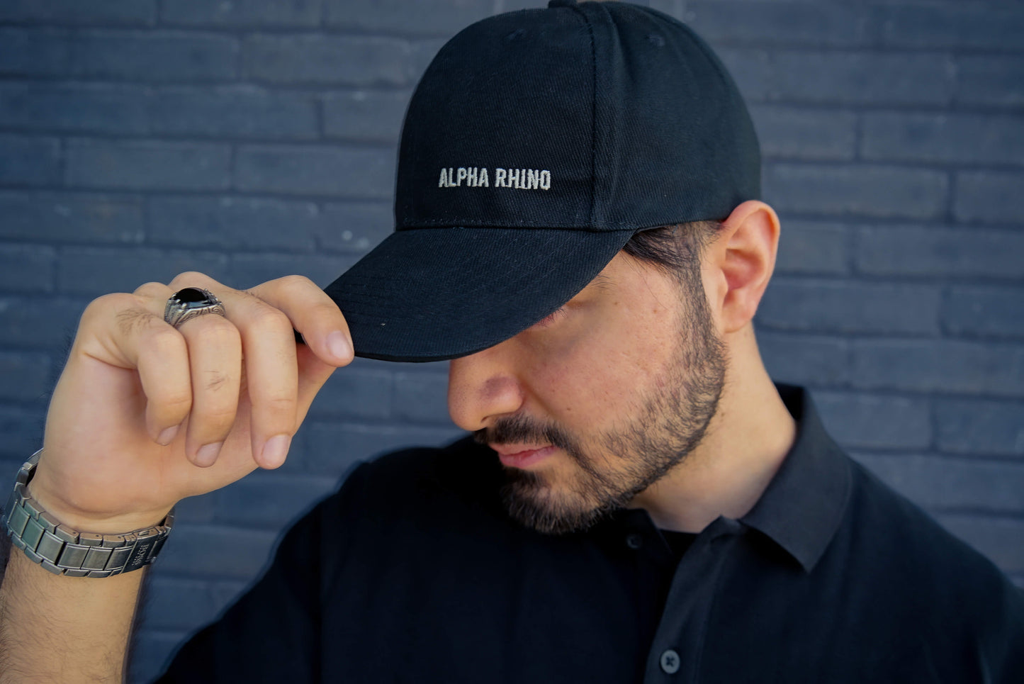 Black 6-Panel Embroidered Cap with Grey Text