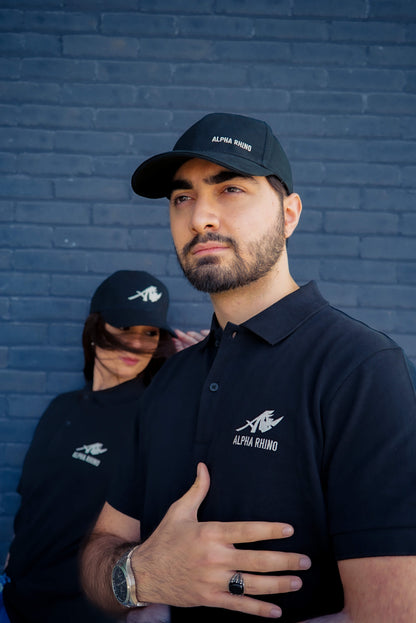 Black 6-Panel Embroidered Cap with Grey Text