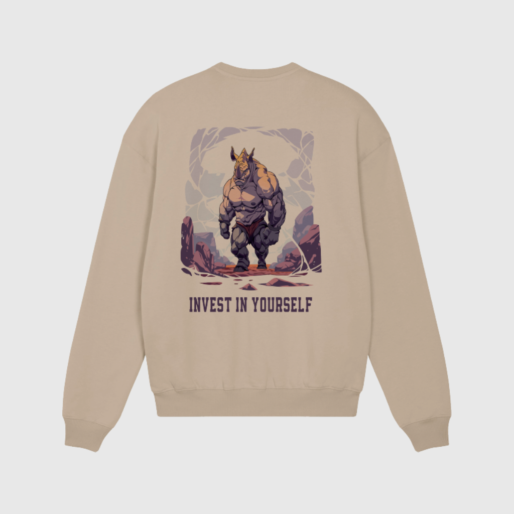 Oversized Beige Sweater with Rhino Print