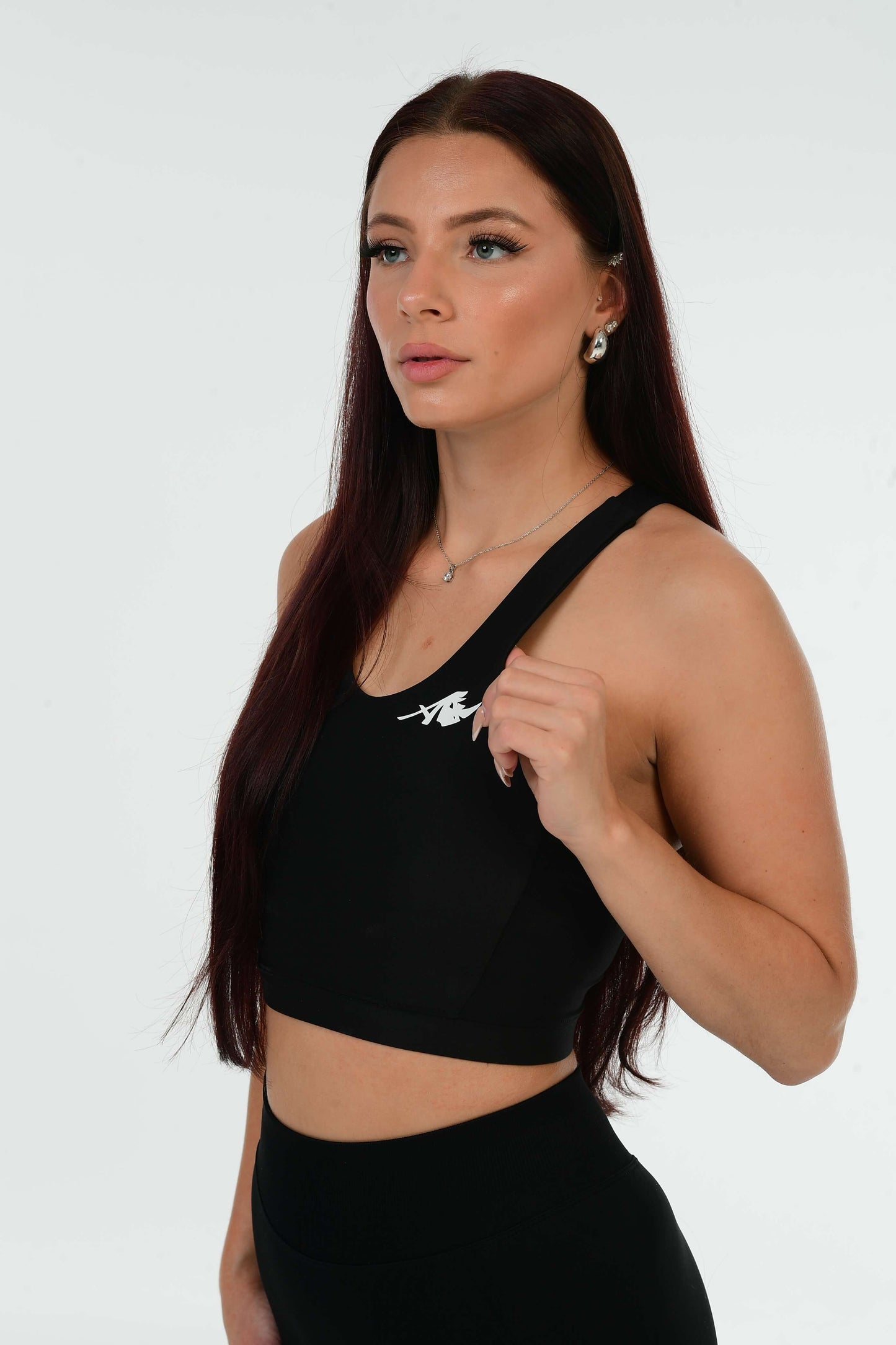 Black Sports Top with Built-in Bra & White Signature Detail