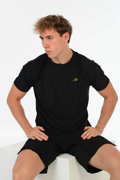 Zwart Performance T-Shirt met Olijfgroen Signature & Alpha Rhino Print op Rug