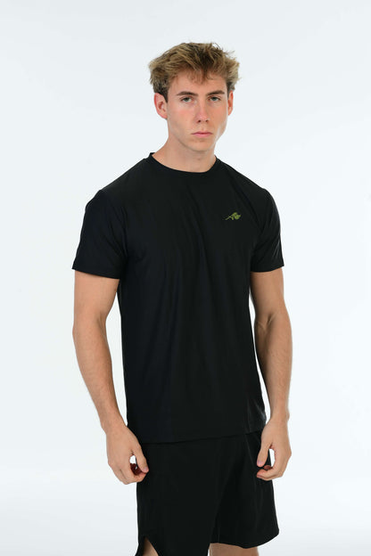Zwart Performance T-Shirt met Olijfgroen Signature & Alpha Rhino Print op Rug