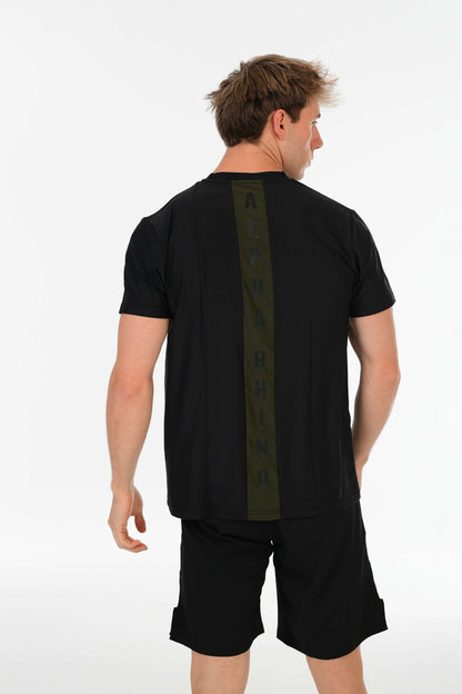 Zwart Performance T-Shirt met Olijfgroen Signature & Alpha Rhino Print op Rug