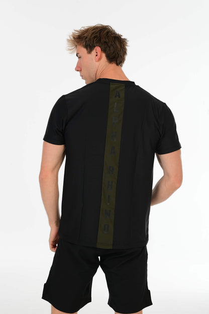 Zwart Performance T-Shirt met Olijfgroen Signature & Alpha Rhino Print op Rug