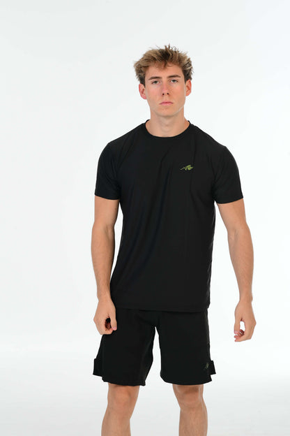 Zwart Performance T-Shirt met Olijfgroen Signature & Alpha Rhino Print op Rug