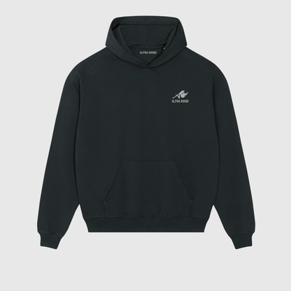 Oversized zwarte hoodie met kenmerkende borduursels