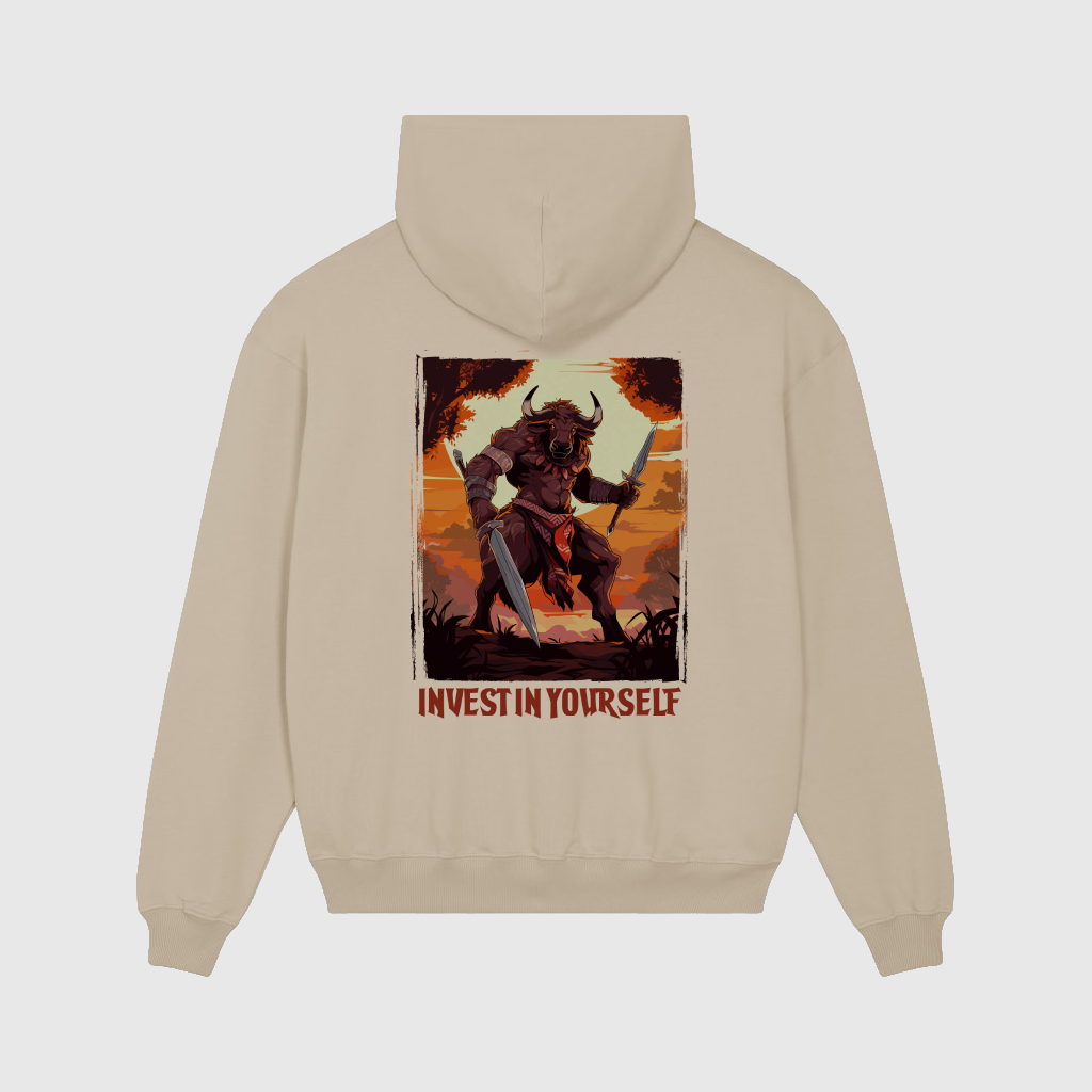 Oversized Beige Hoodie with Buffalo Print