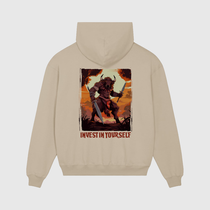Oversized beige hoodie met buffelprint