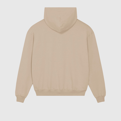 Oversized beige hoodie met kenmerkende borduursels