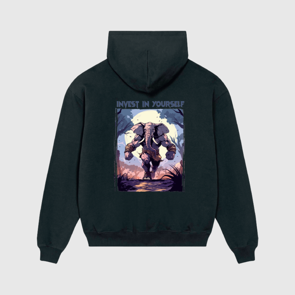 Oversized Black Hoodie with Elephant Print