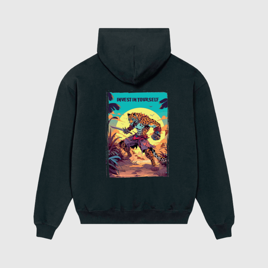 Oversized Black Hoodie with Leopard Print