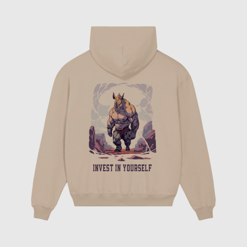 Oversized Beige Hoodie with Rhino Print