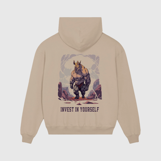 Oversized Beige Hoodie with Rhino Print
