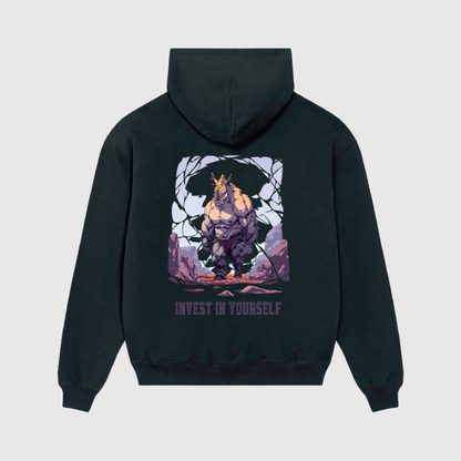 Oversized Black Hoodie with Rhino Print