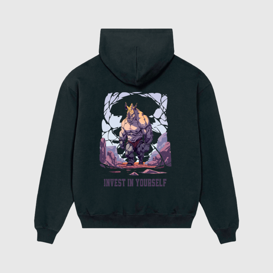 Oversized Black Hoodie with Rhino Print