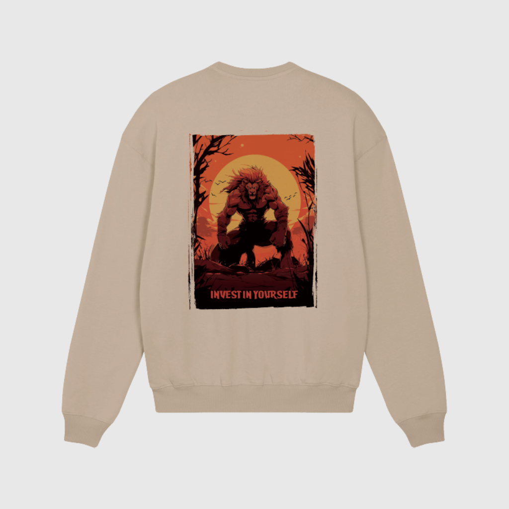 Oversized Beige Sweater with Lion Print